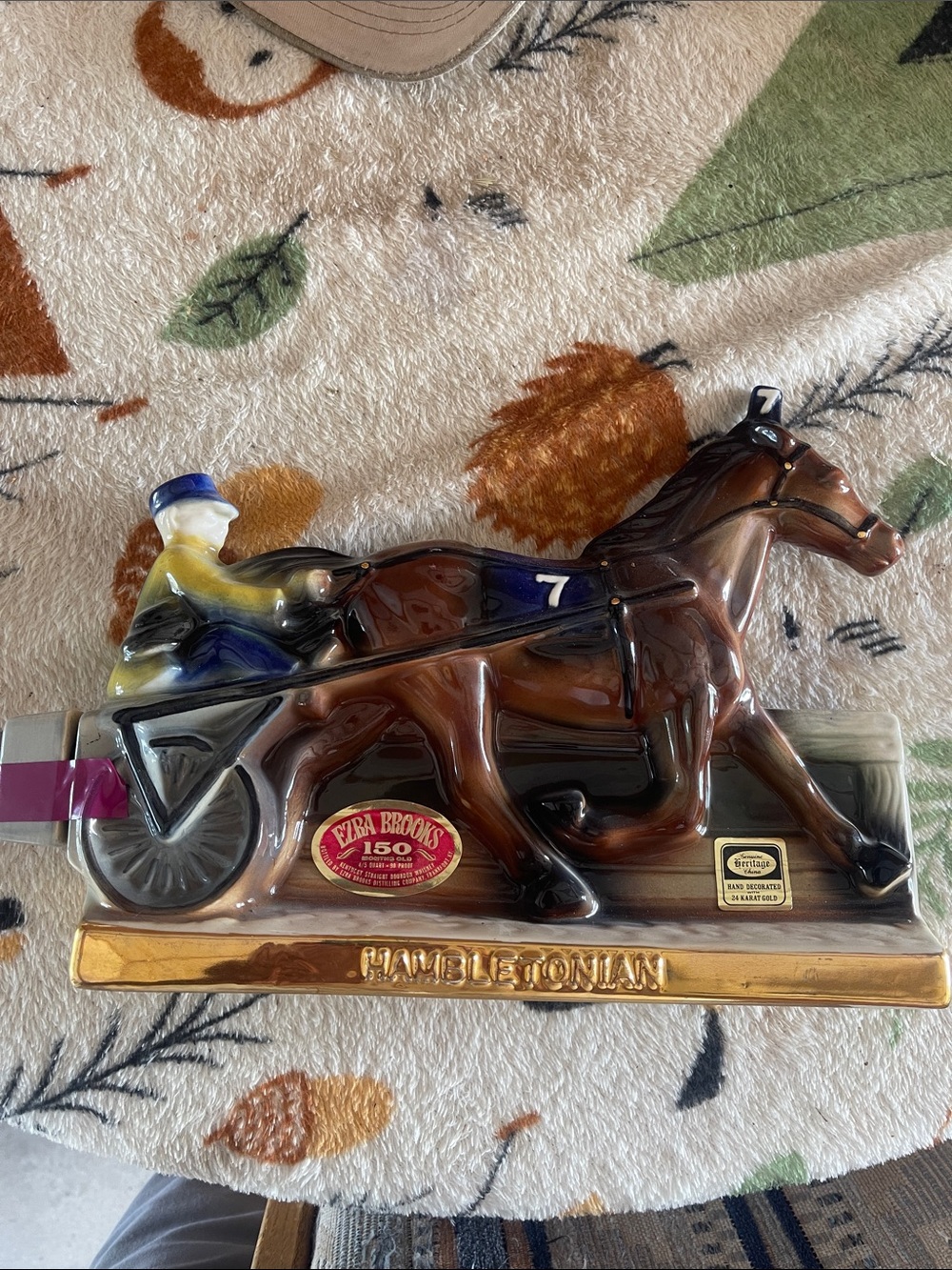 Brooks Brown and Blue Ceramic Horse Decanter with Gold Accents